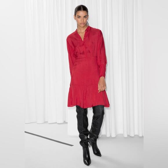& Other Stories Frill Hem Red Long Sleeve Dress - Picture 1 of 14